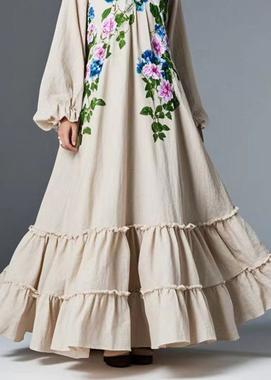Round Neck Ruffled Floral Extra Wide Hem Cotton Maxi Dress 4