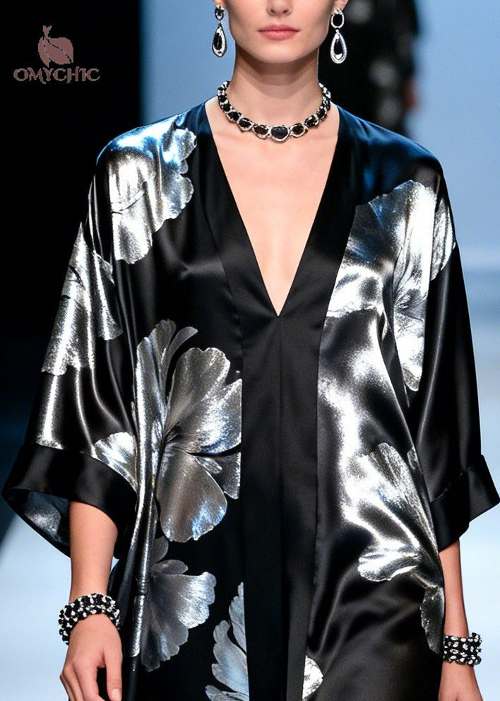 Deep V-Neck Kimono Sleeve Metallic Floral Handkerchief Hem Pleated Maxi Gown 2