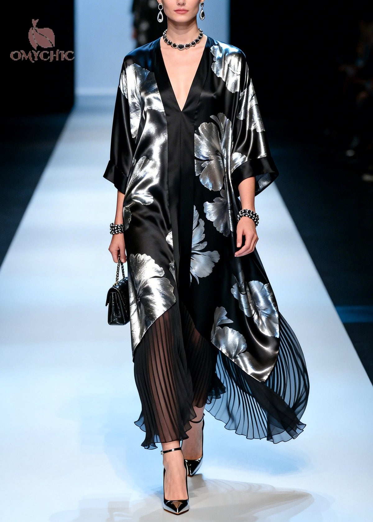 Deep V-Neck Kimono Sleeve Metallic Floral Handkerchief Hem Pleated Maxi Gown 3