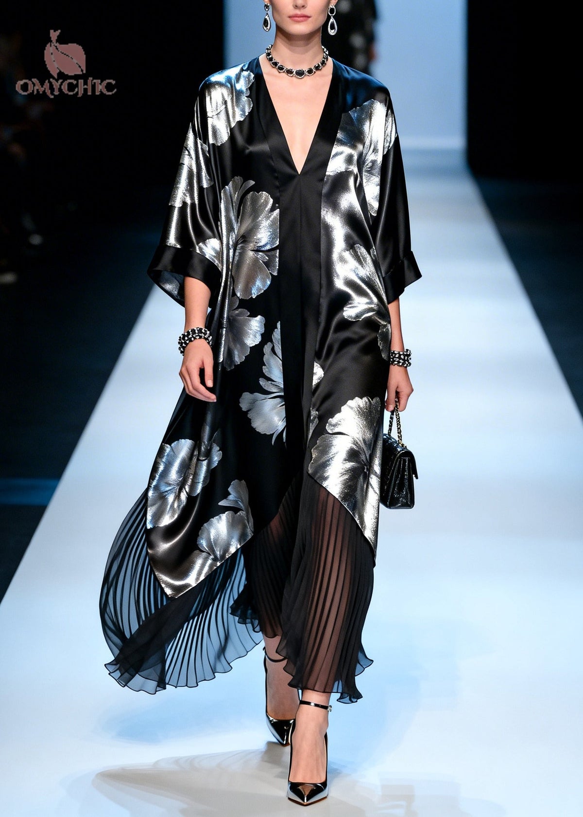 Deep V-Neck Kimono Sleeve Metallic Floral Handkerchief Hem Pleated Maxi Gown 5