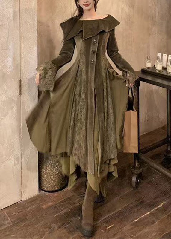 Asymmetric Collar Button Front Wide Lace Cuff Layered Long Gown 4