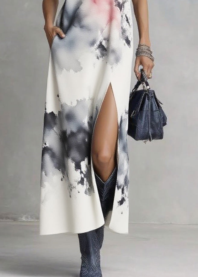 Sleeveless V-Neck Abstract Watercolor Print High-Slit Pocket Maxi Dress 4