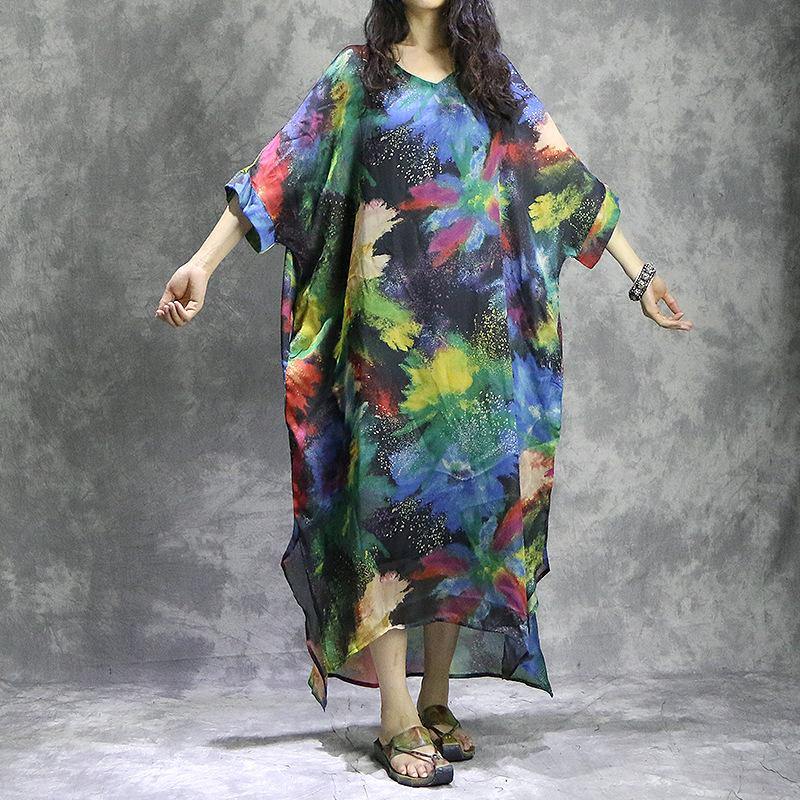 V Neck Kimono Sleeve Handkerchief Hem Abstract Print Kaftan Maxi Dress 2