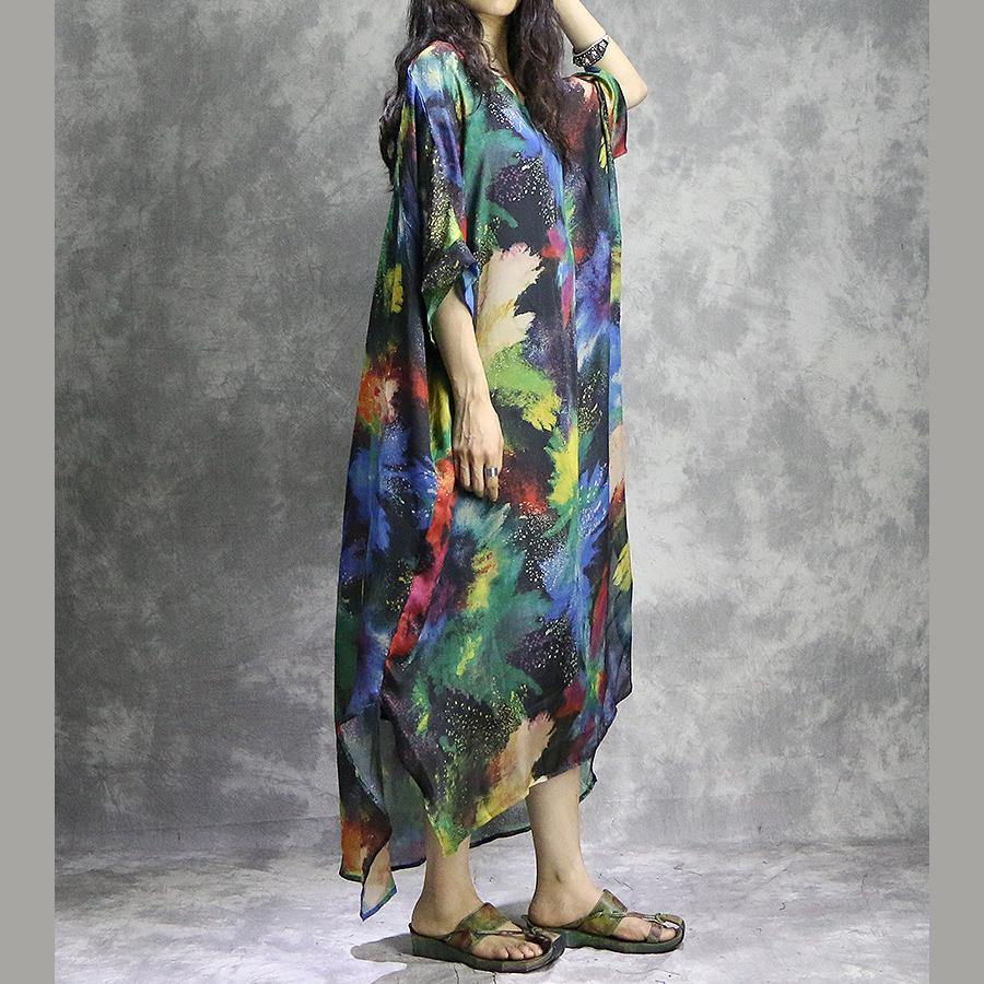 V Neck Kimono Sleeve Handkerchief Hem Abstract Print Kaftan Maxi Dress 3