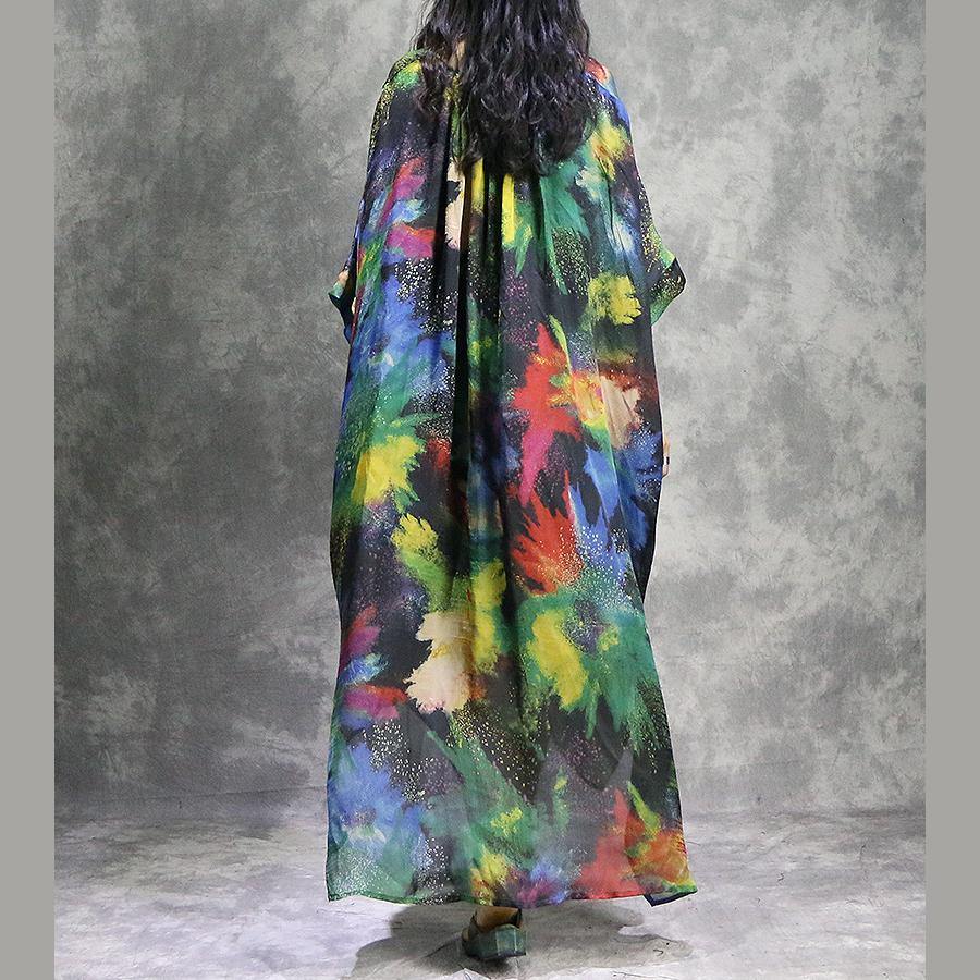 V Neck Kimono Sleeve Handkerchief Hem Abstract Print Kaftan Maxi Dress 4
