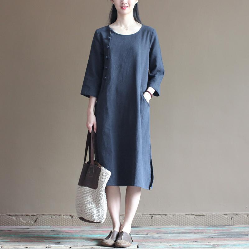 Round Neck Frog Button Pocket Three Quarter Sleeve Linen Midi Dress 2
