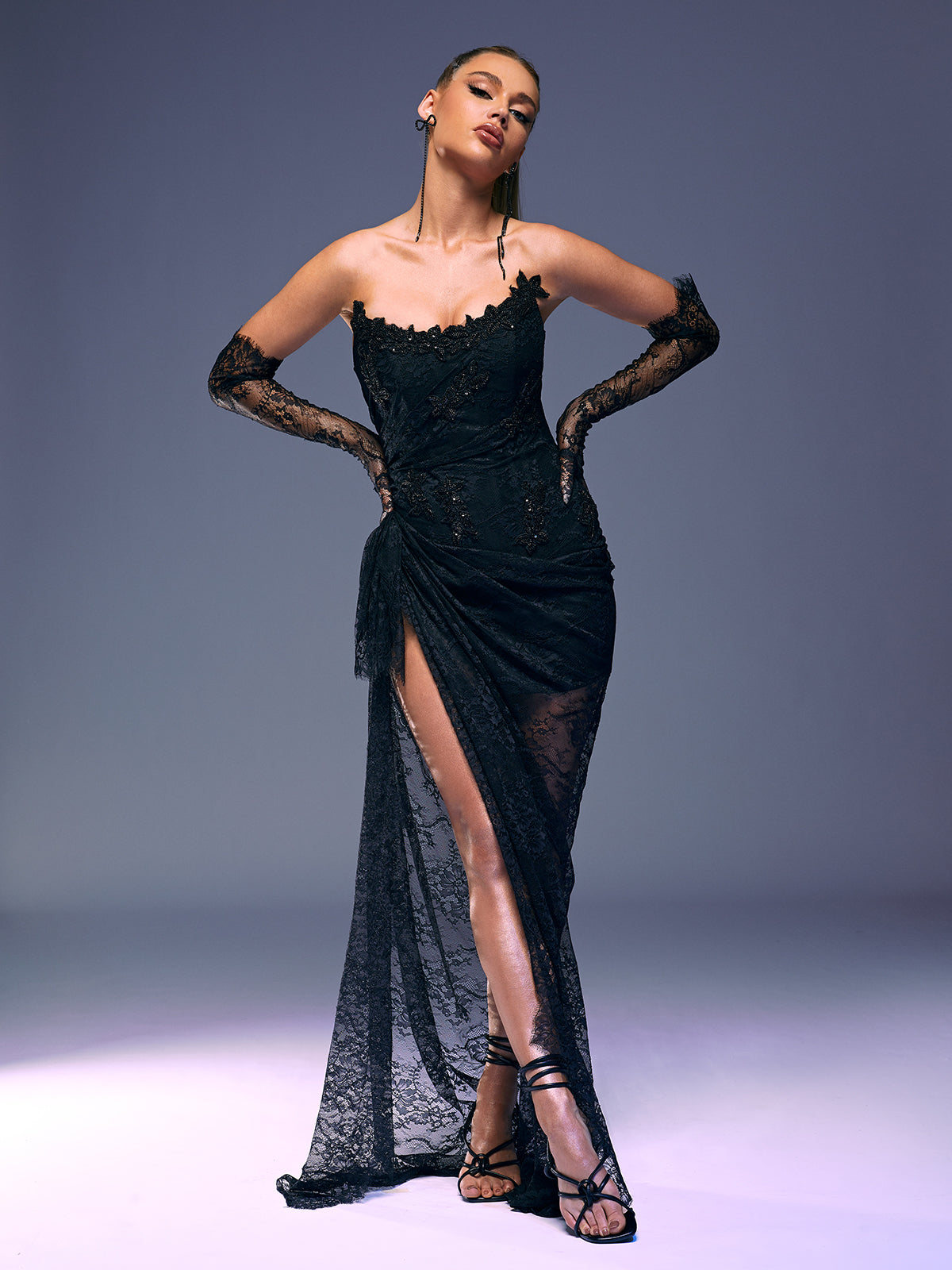 Strapless Lace Column Maxi Gown With Gloves 4