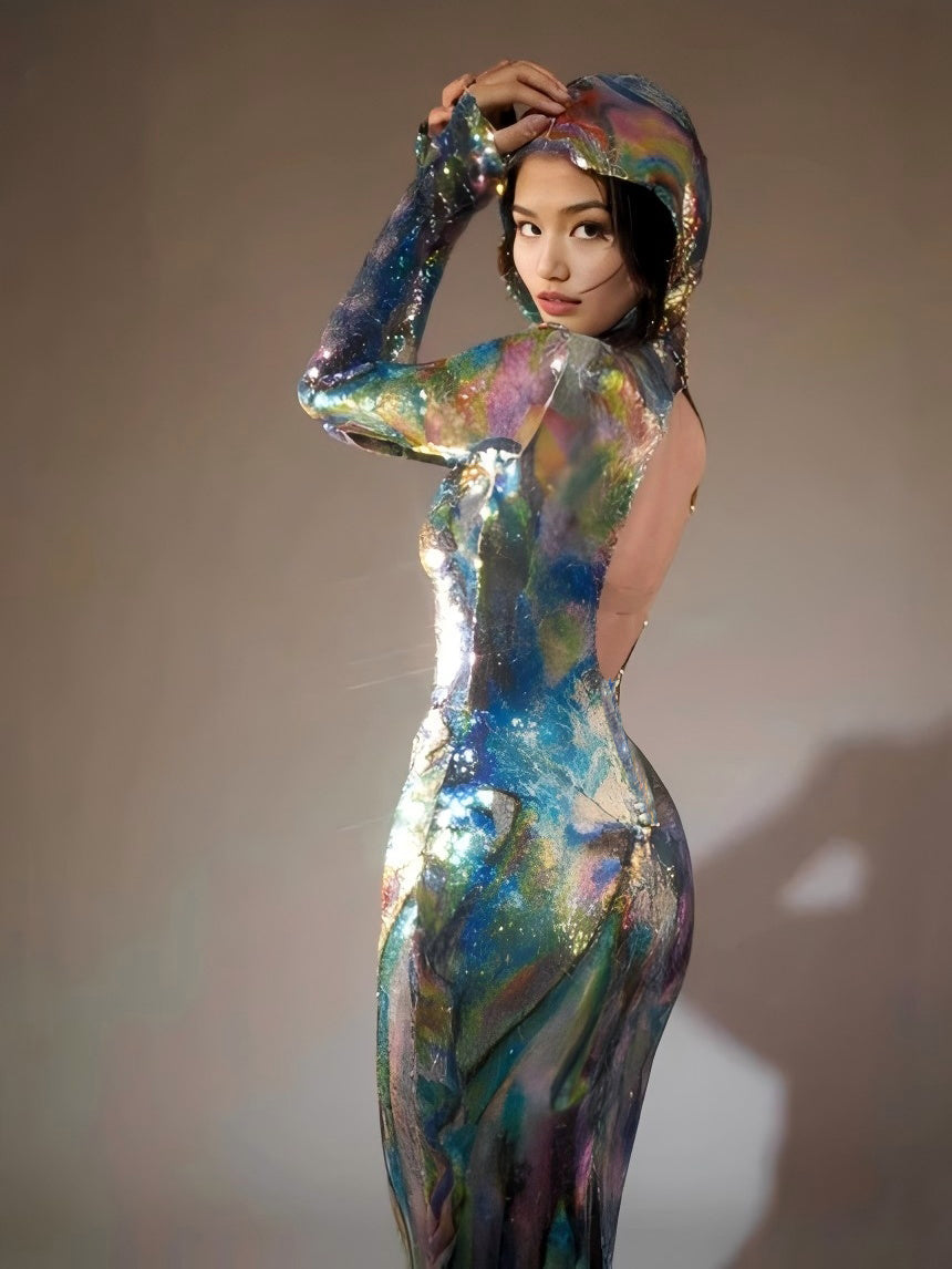 Long Sleeve Hooded Galaxy Print Bodycon Maxi Gown 4