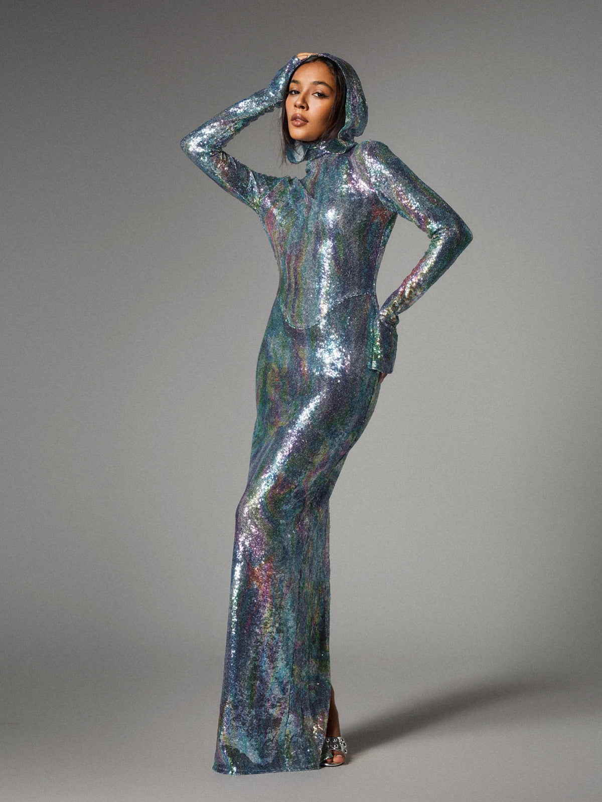 Hooded Turtleneck Sequin Long Sleeve High Slit Column Maxi Gown 5