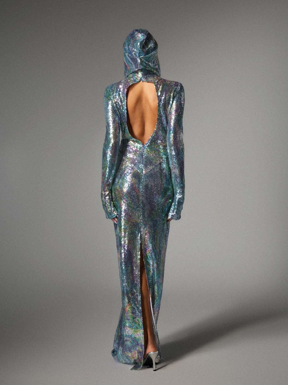 Hooded Turtleneck Sequin Long Sleeve High Slit Column Maxi Gown 6