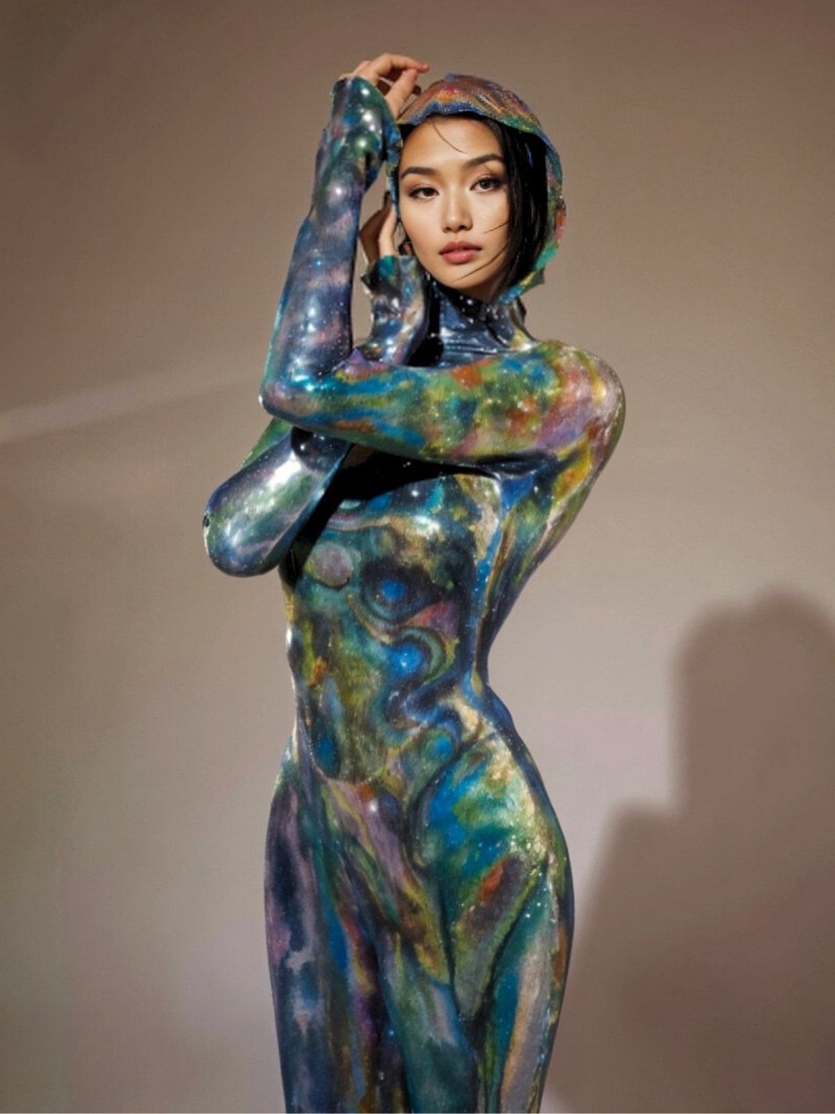 Long Sleeve Hooded Galaxy Print Bodycon Maxi Gown 3