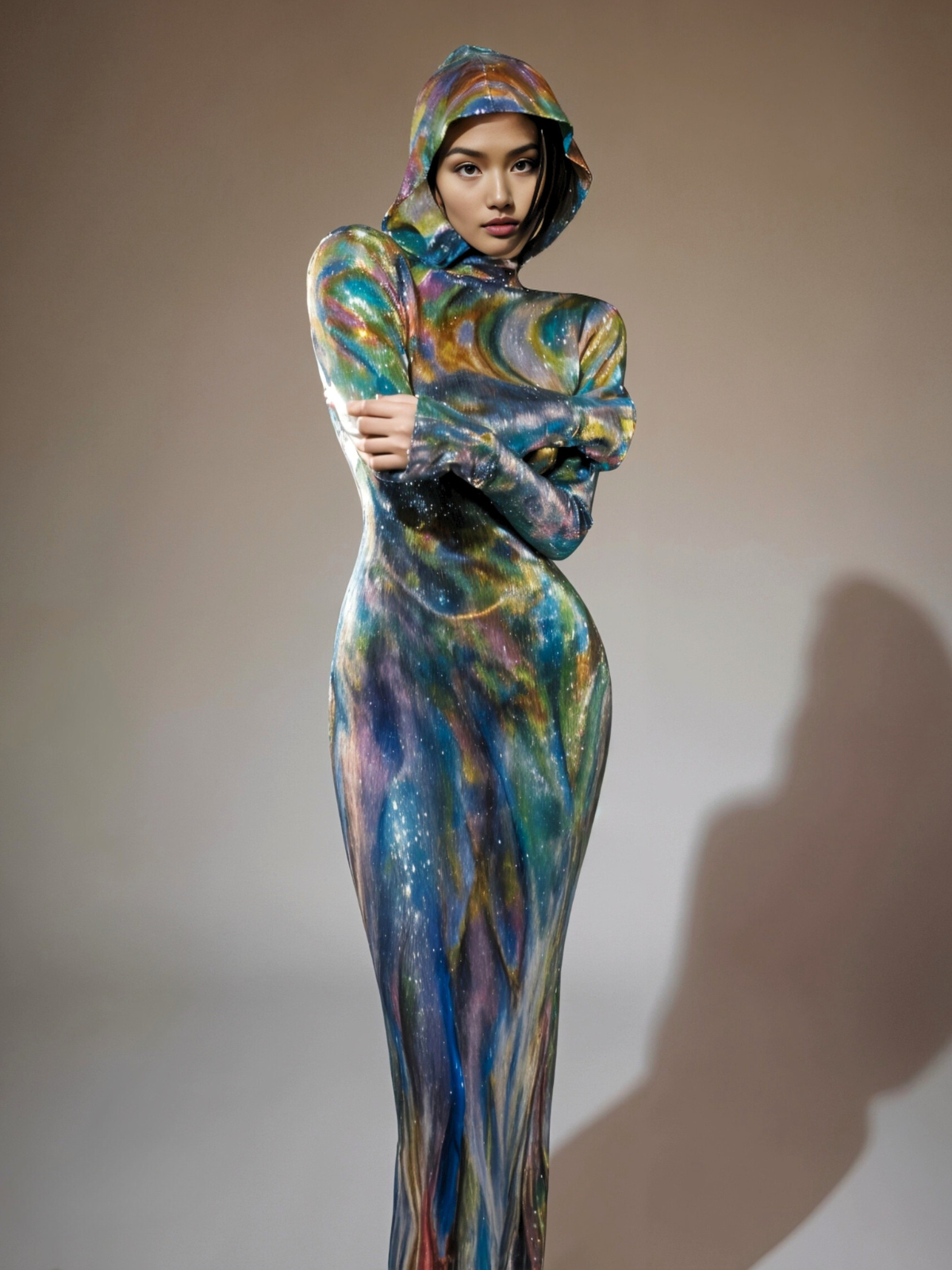 Long Sleeve Hooded Galaxy Print Bodycon Maxi Gown 2