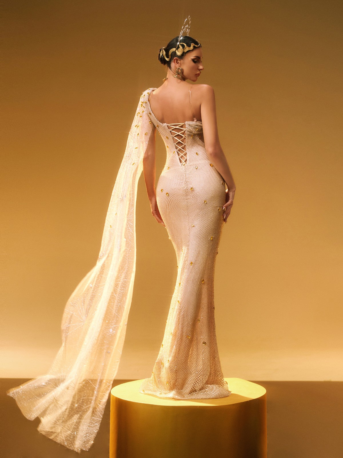 One Shoulder Floral Applique Sequin Mesh Cape Sleeve Mermaid Gown 6