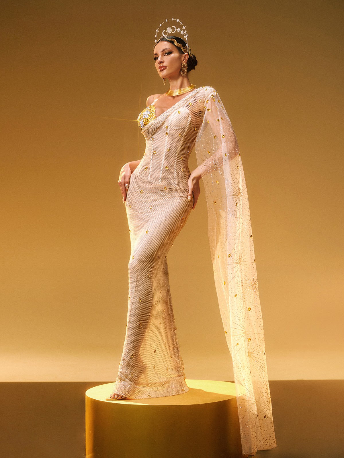 One Shoulder Floral Applique Sequin Mesh Cape Sleeve Mermaid Gown 5