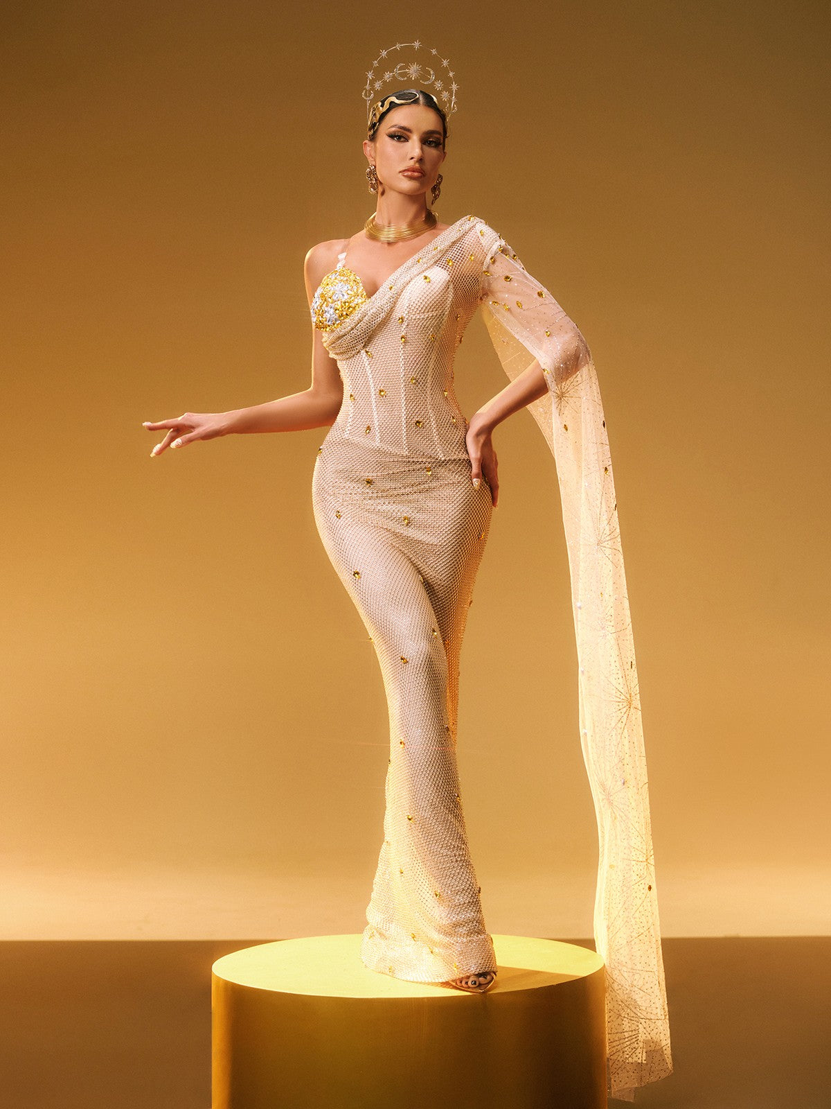 One Shoulder Floral Applique Sequin Mesh Cape Sleeve Mermaid Gown 4
