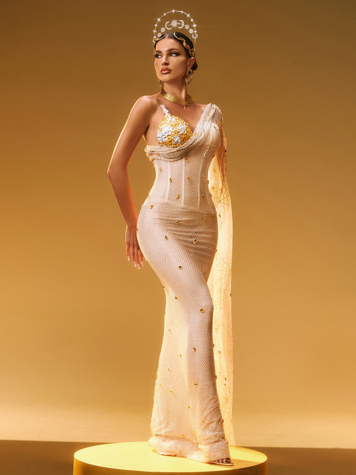 One Shoulder Floral Applique Sequin Mesh Cape Sleeve Mermaid Gown 3