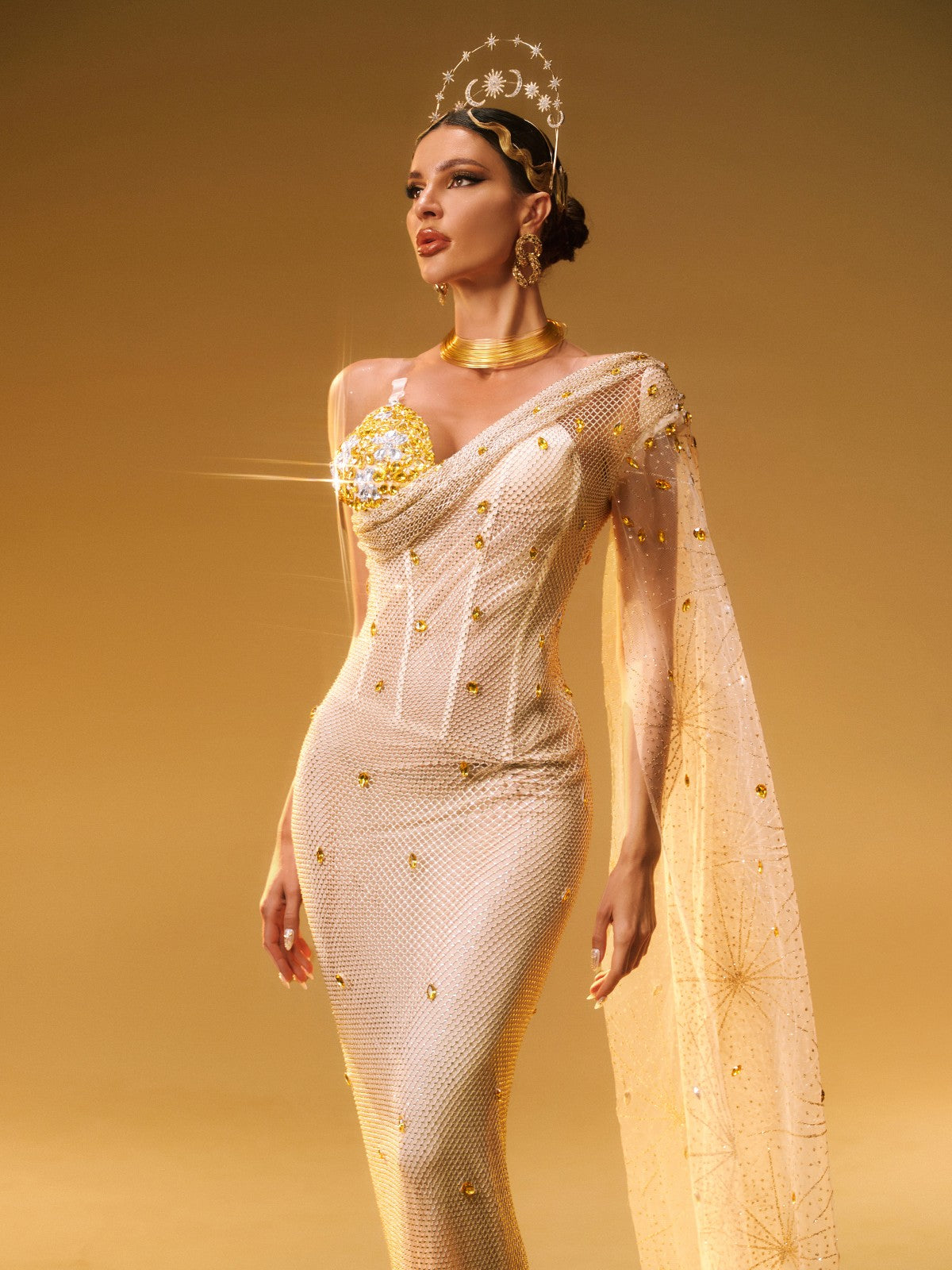 One Shoulder Floral Applique Sequin Mesh Cape Sleeve Mermaid Gown 2