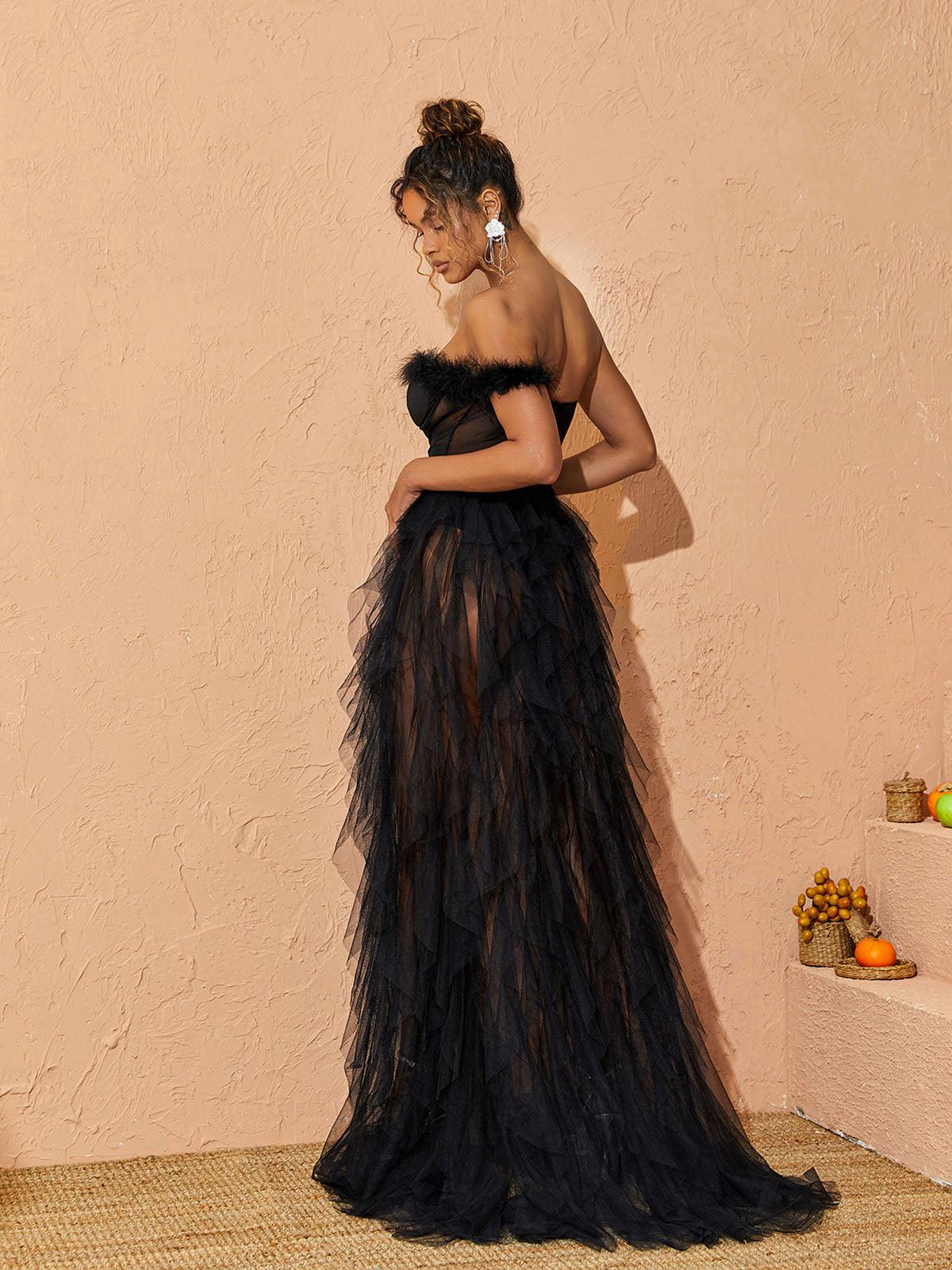 Corset Bodice Feather Trim Tiered Ruffle Tulle Maxi Gown 6