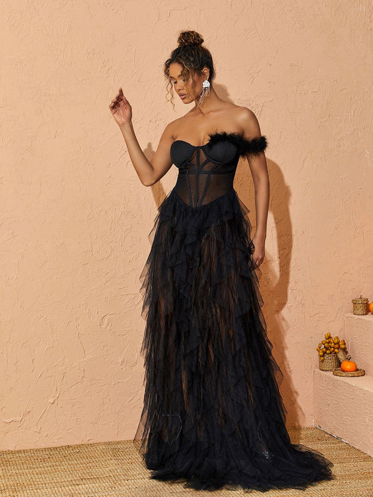 Corset Bodice Feather Trim Tiered Ruffle Tulle Maxi Gown 4