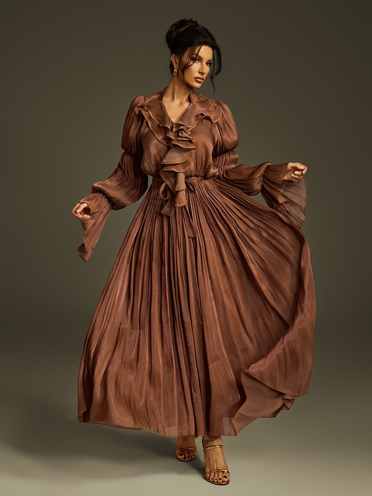 Deep V Ruffle Column Maxi Gown