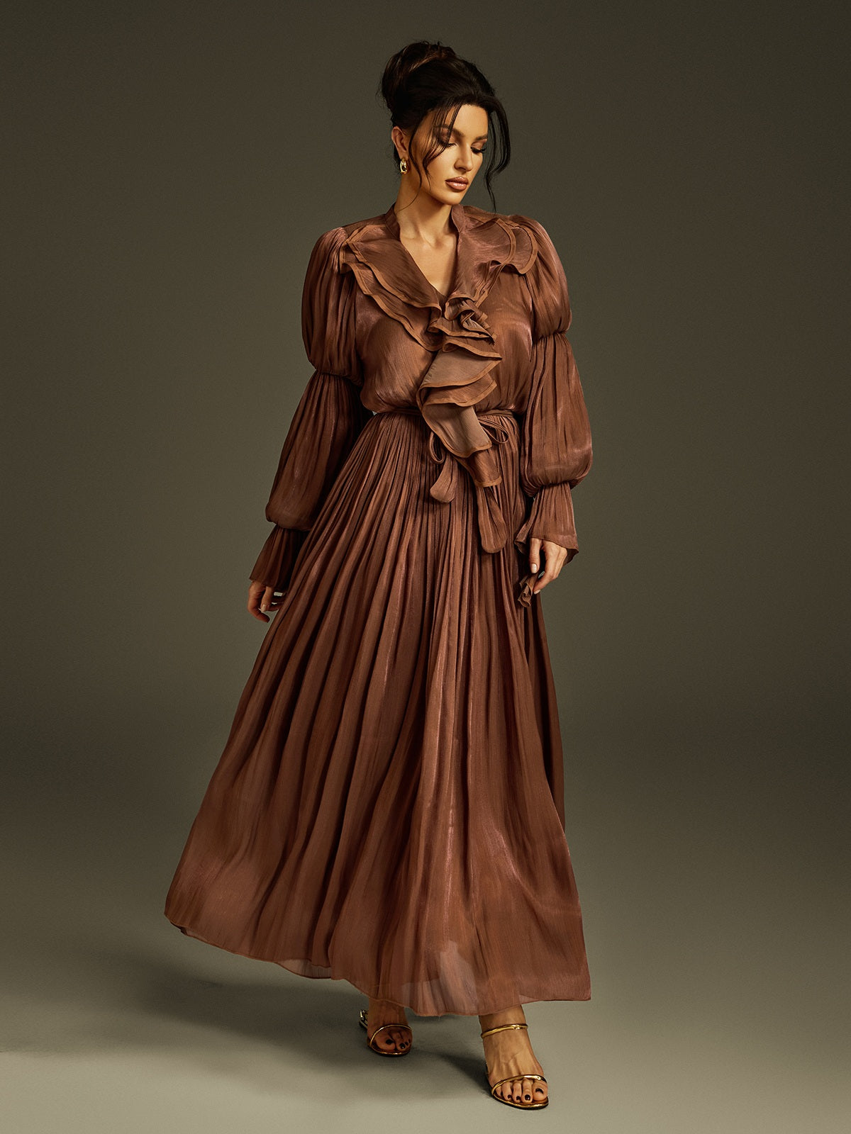 Deep V Ruffle Column Maxi Gown 3