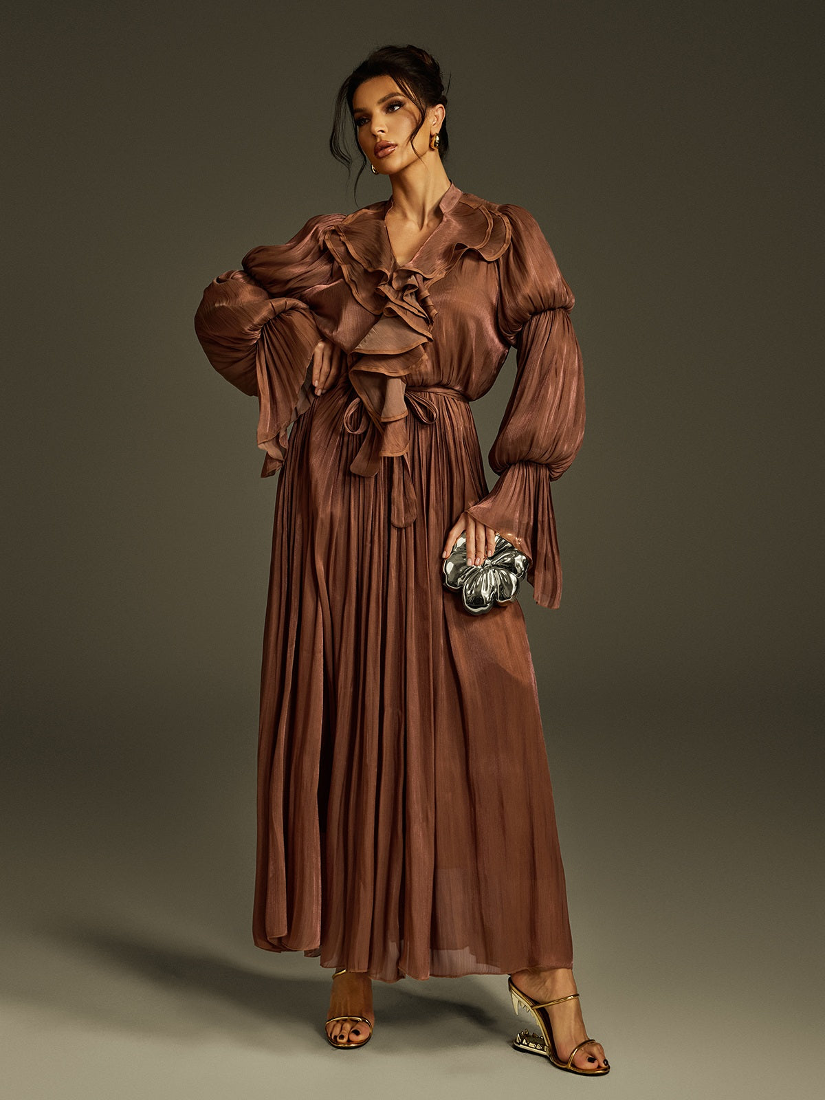Deep V Ruffle Column Maxi Gown 4