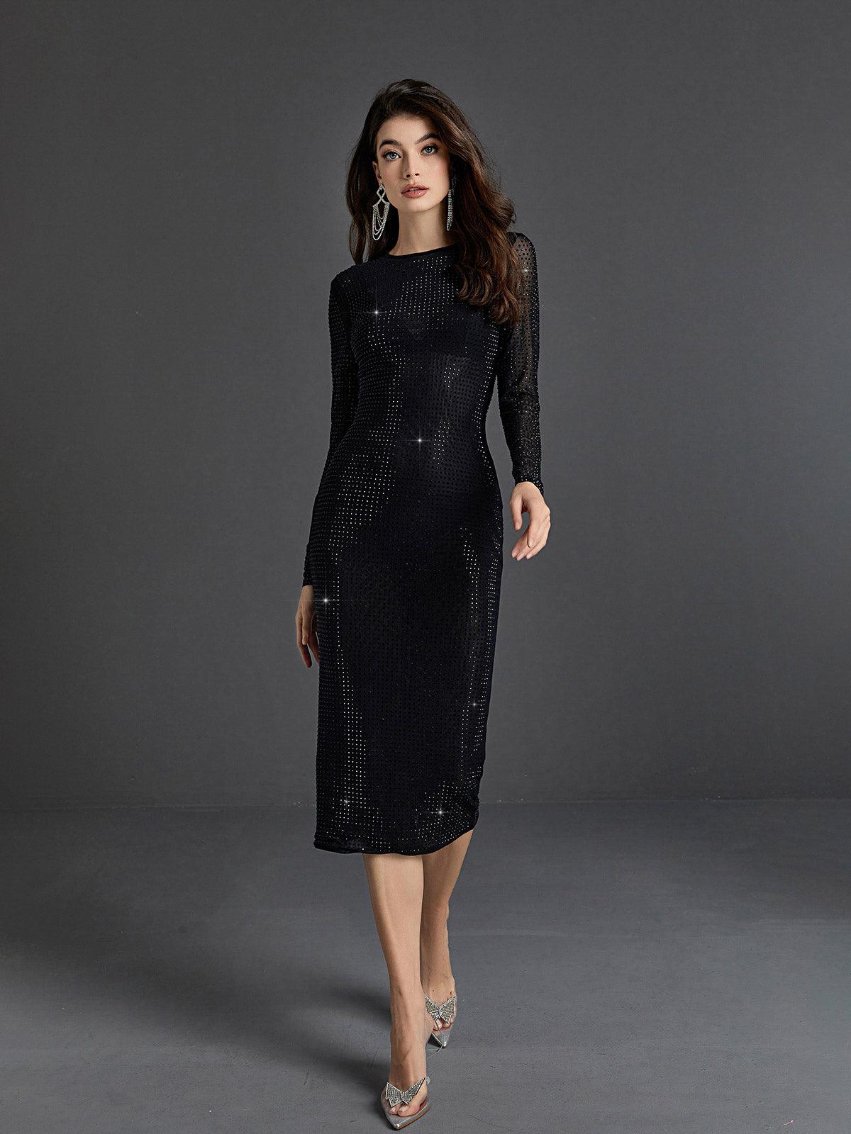 Crew Neck Long Sleeve Rhinestone Grid Mesh Midi Dress 2