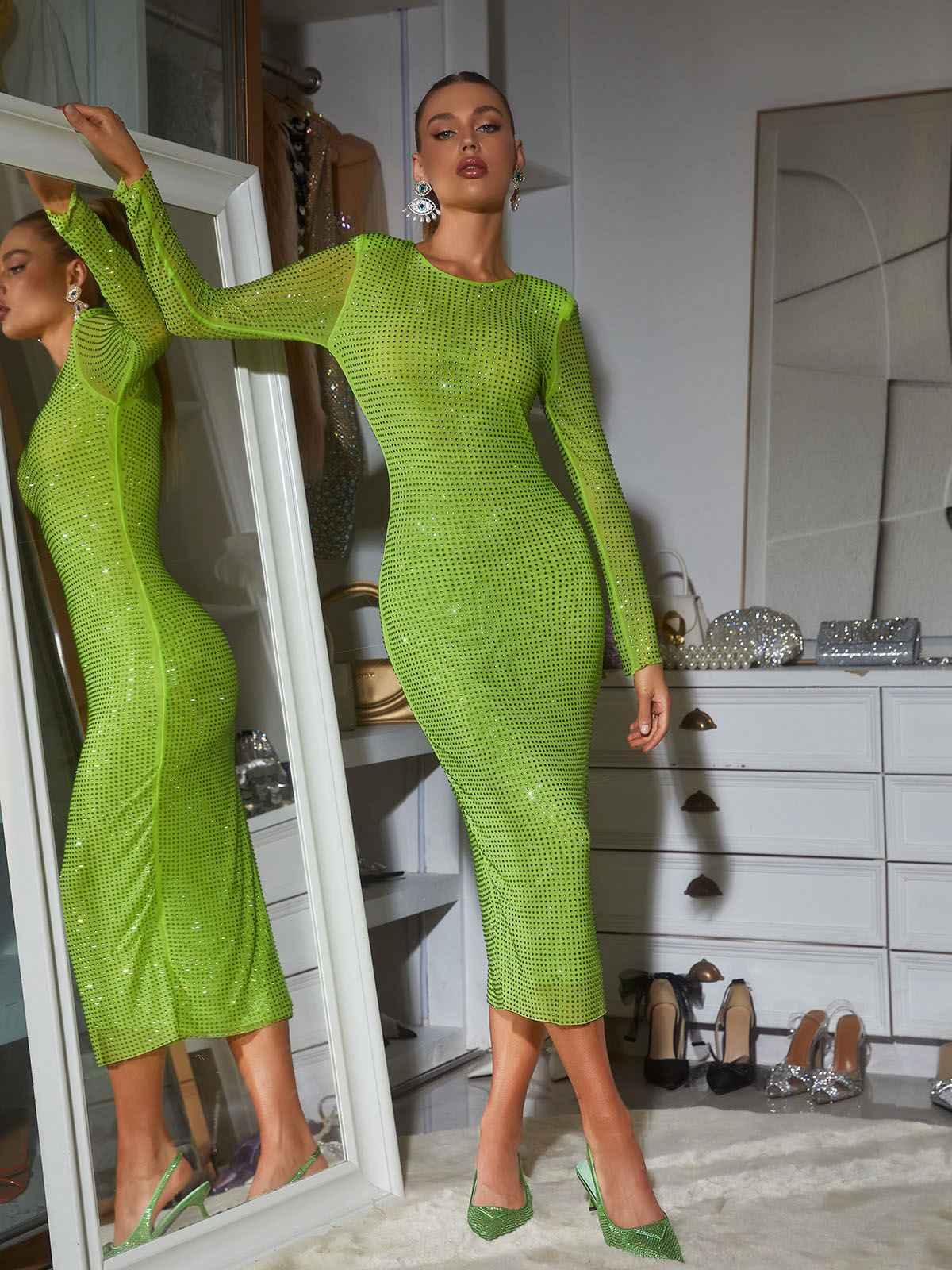 Crew Neck Long Sleeve Rhinestone Grid Mesh Bodycon Midi Dress