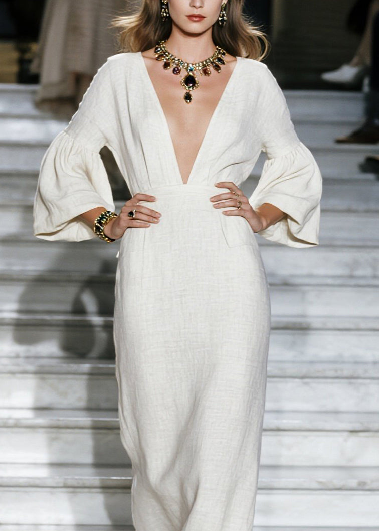 Deep V-Neck Linen Puff Bell Sleeve Floor Length Maxi Dress 2
