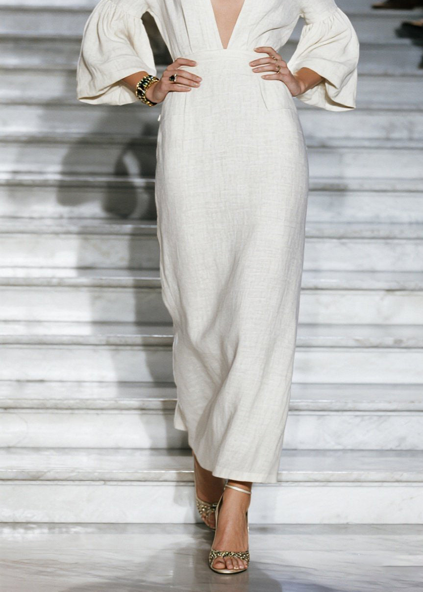 Deep V-Neck Linen Puff Bell Sleeve Floor Length Maxi Dress 4