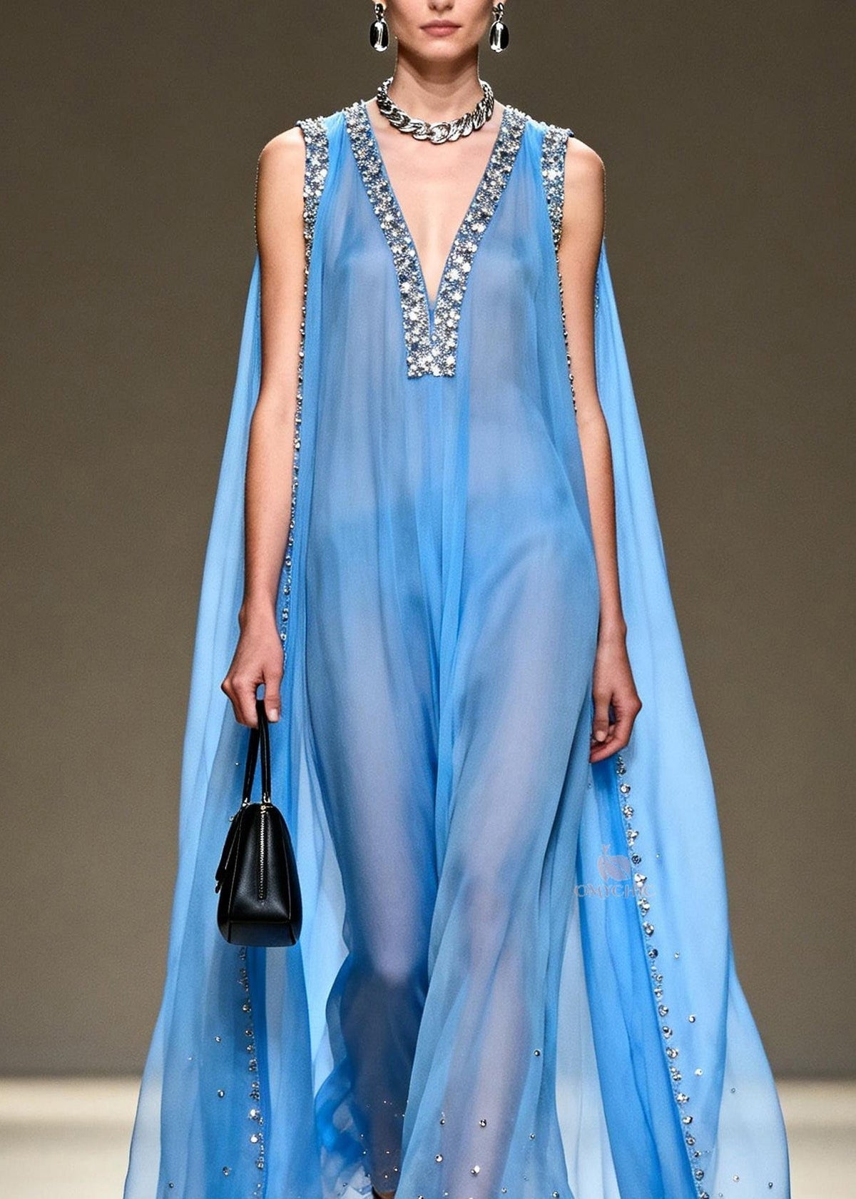 Deep V-Neck Crystal Encrusted Sheer Cape Wide-Leg Jumpsuit 2