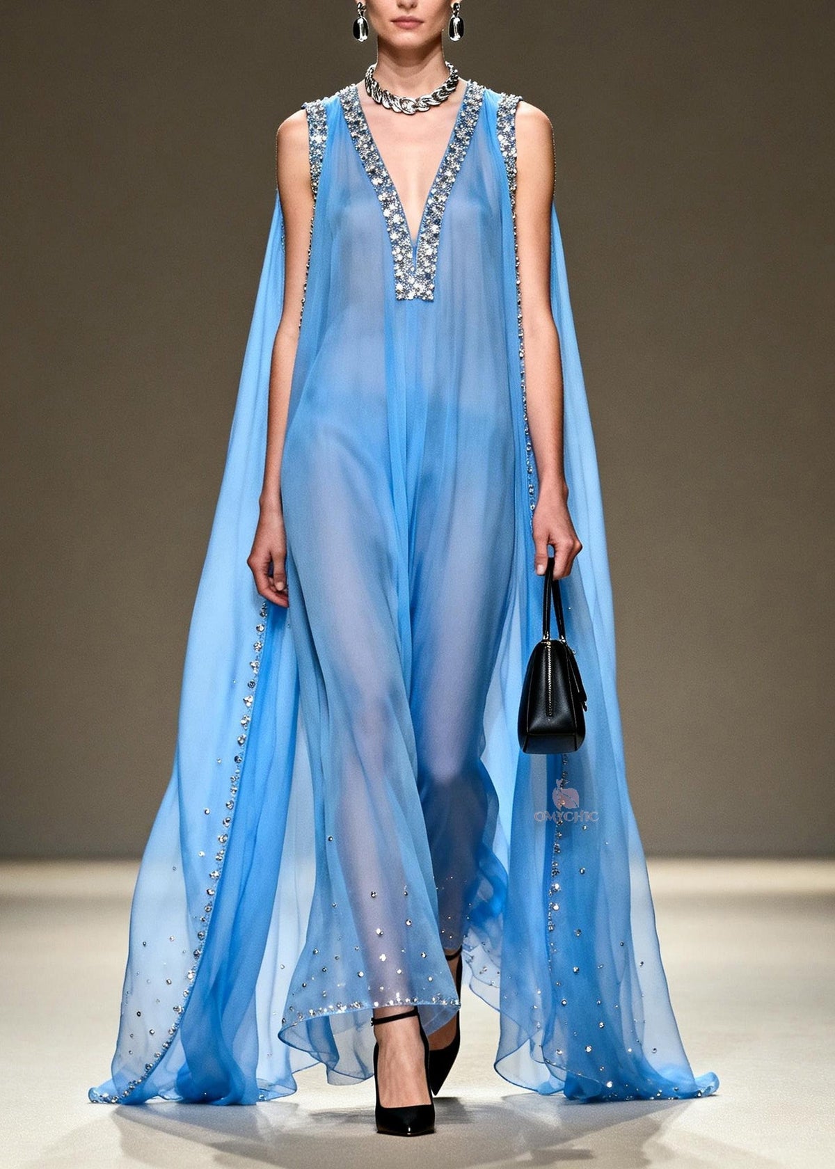 Deep V-Neck Crystal Encrusted Sheer Cape Wide-Leg Jumpsuit 3