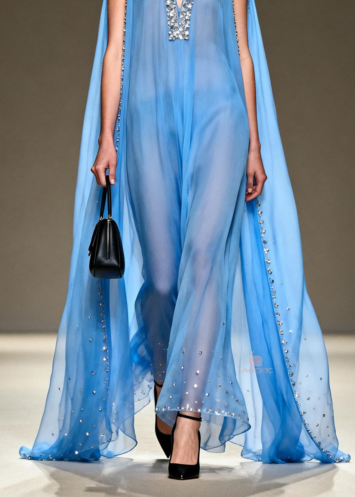 Deep V-Neck Crystal Encrusted Sheer Cape Wide-Leg Jumpsuit 4