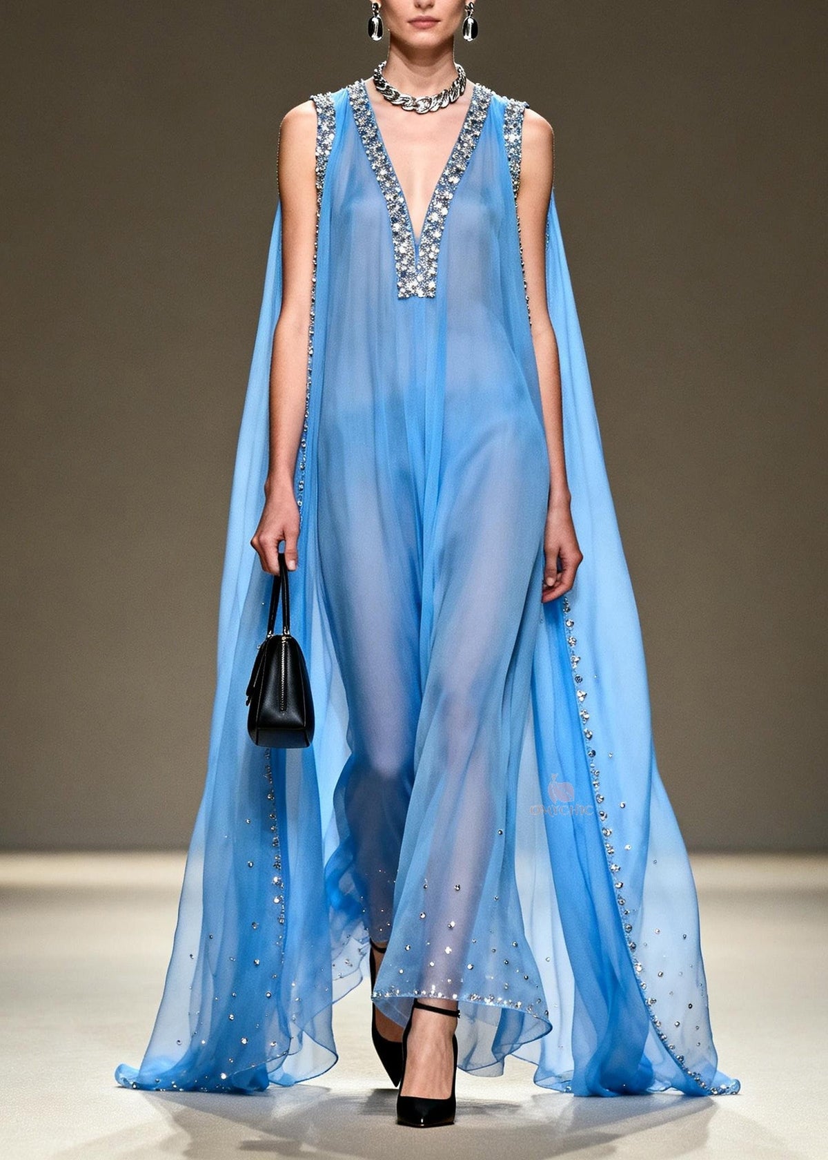 Deep V-Neck Crystal Encrusted Sheer Cape Wide-Leg Jumpsuit 5