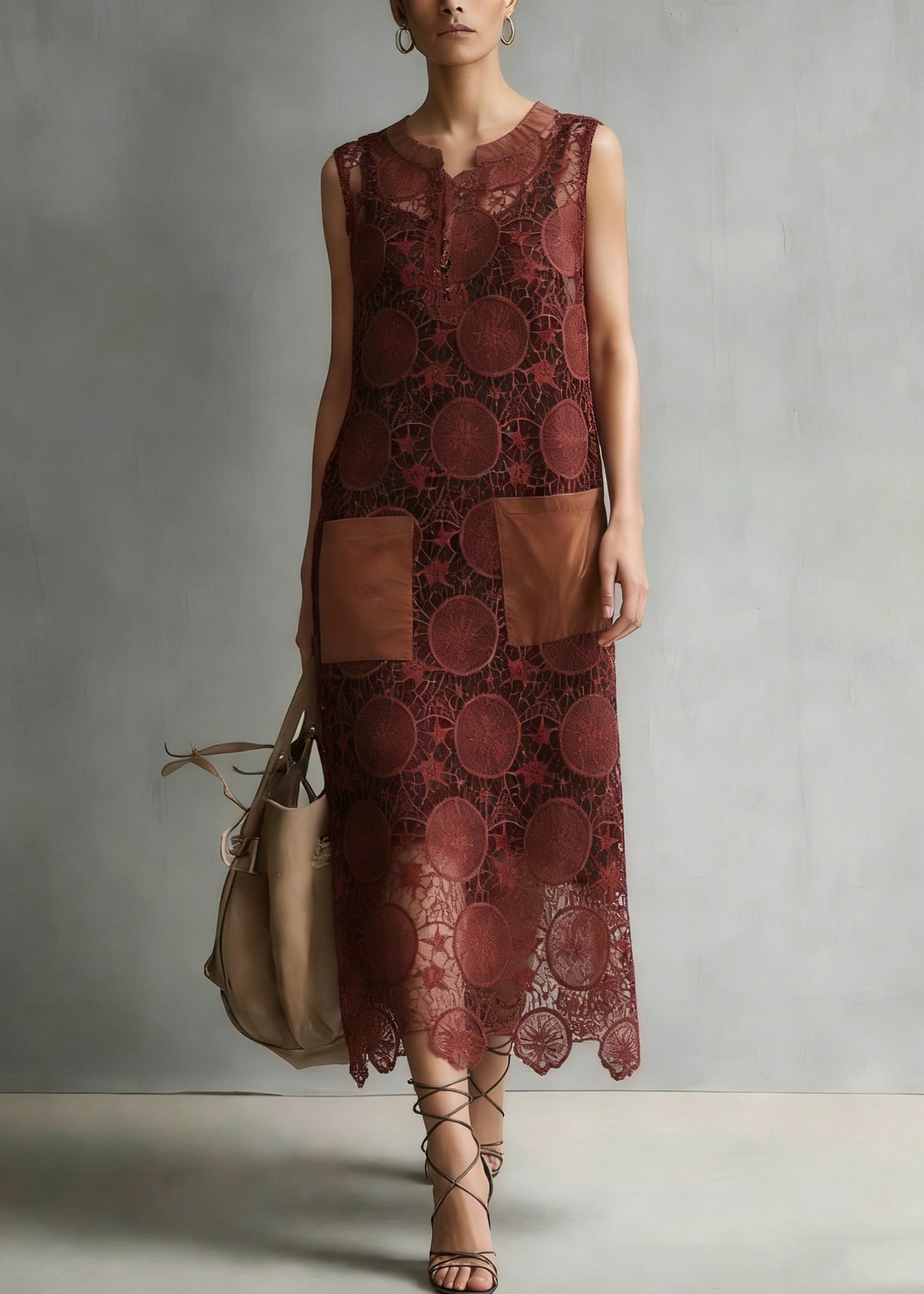 Scalloped Lace Medallion Patch Pocket Sleeveless Midi Dress