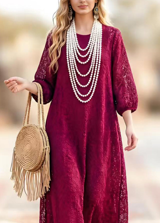 Round Neck Three-Quarter Sleeve Hollow Out Lace Scalloped Hem Maxi Dress 2