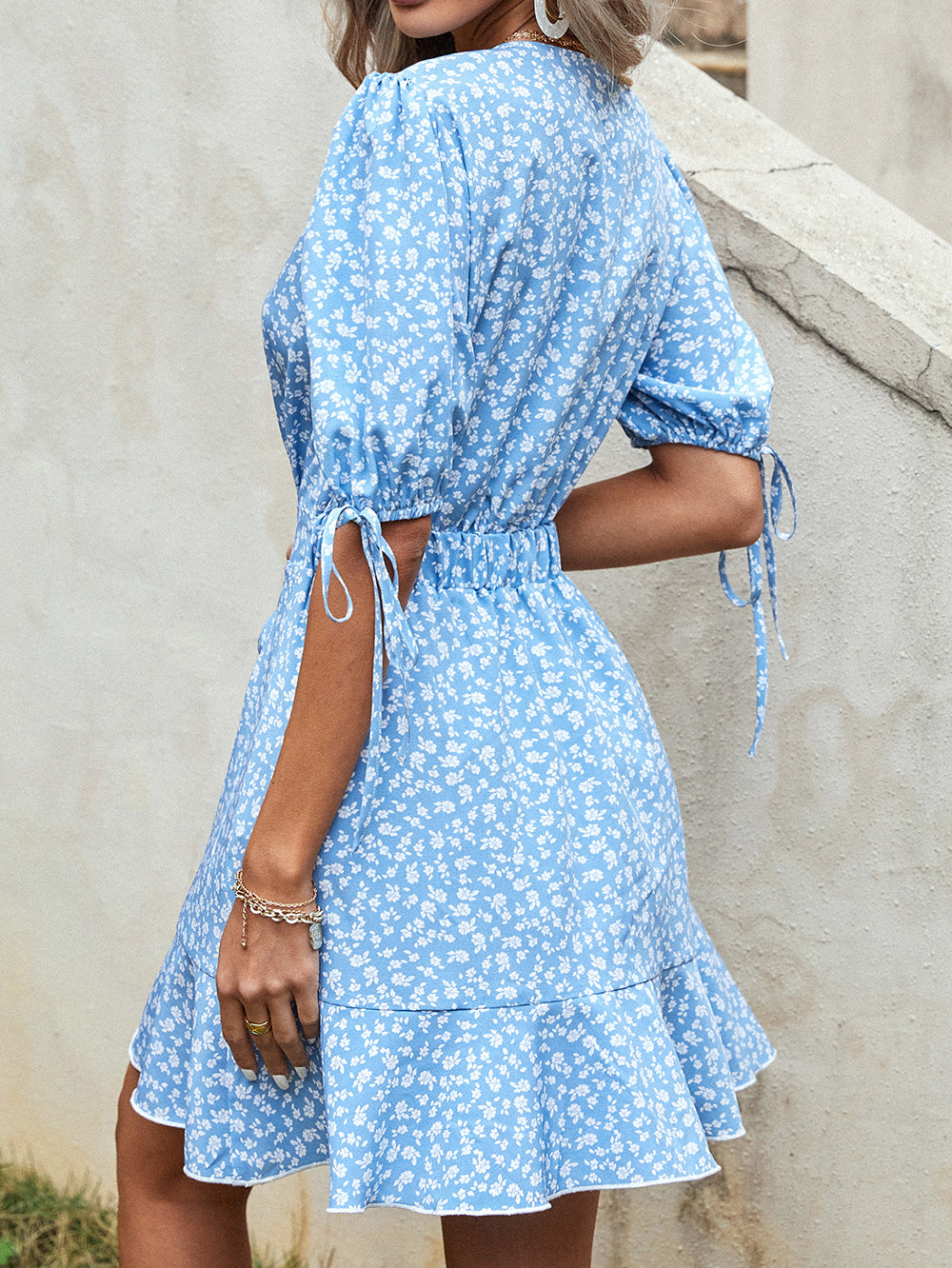 Ditsy Floral Print V-Neck Button Front Tie Waist Puff Sleeve Ruffle Hem Mini Dress 3