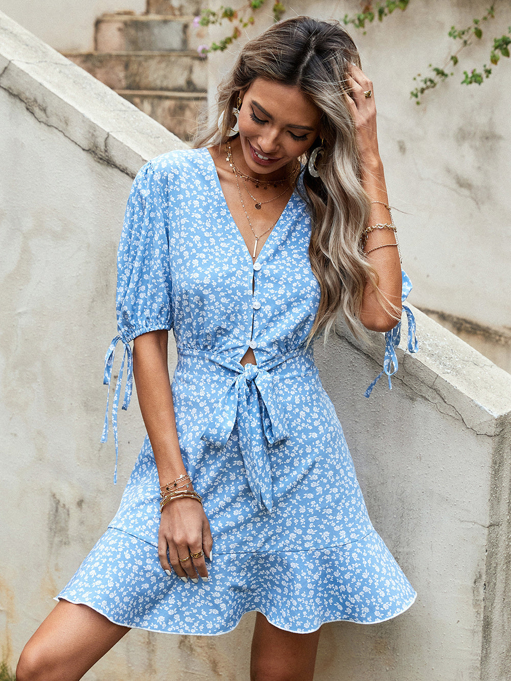 Ditsy Floral Print V-Neck Button Front Tie Waist Puff Sleeve Ruffle Hem Mini Dress 4