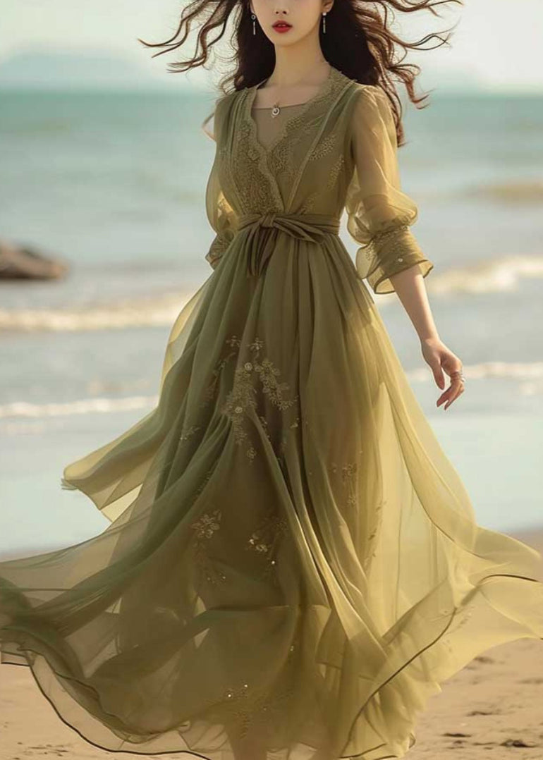 V-Neck Lace Embroidered Sheer Puff Sleeve Tie Waist Chiffon Maxi Dress