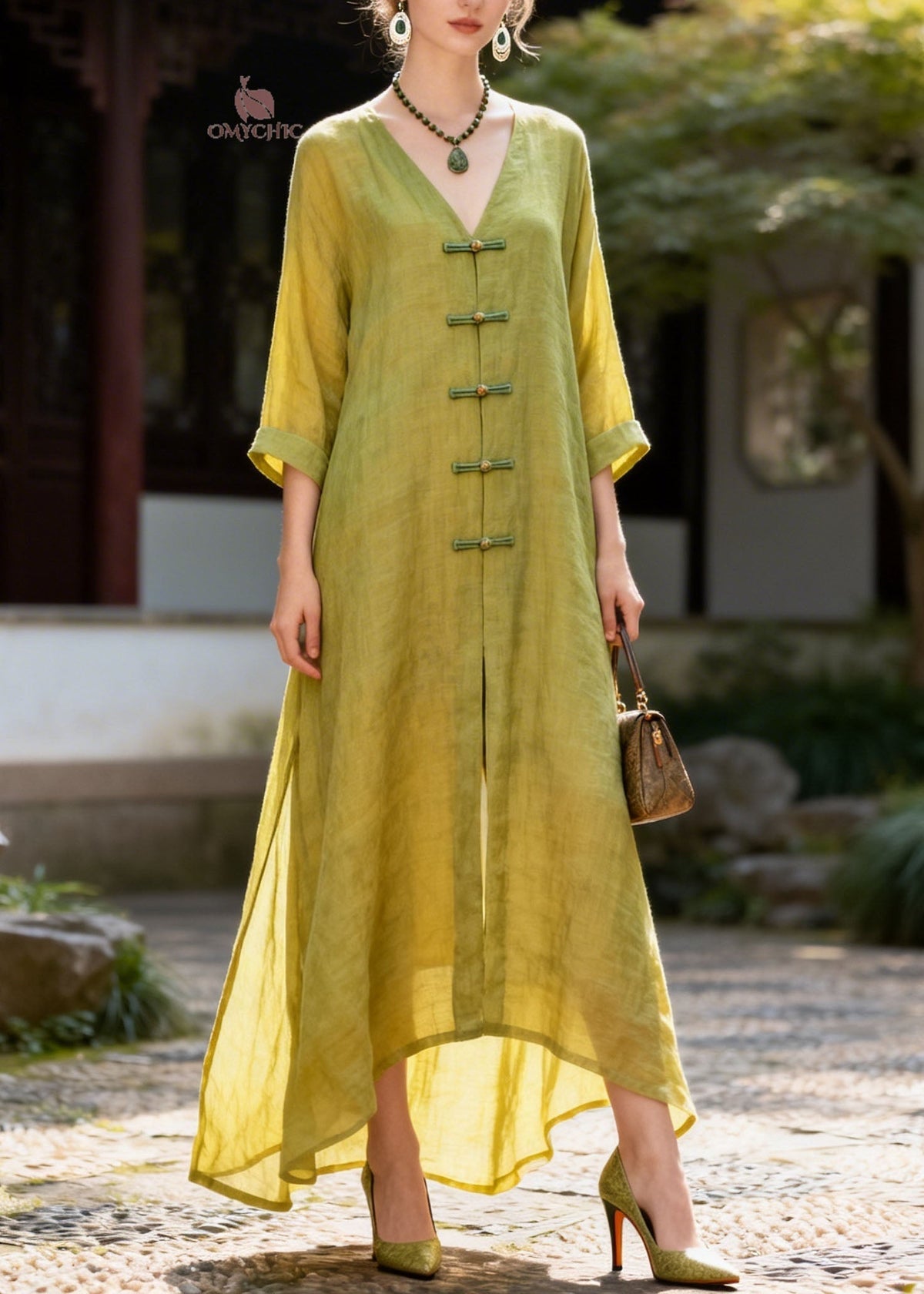 Deep V-Neck Frog Button Patchwork Cotton Maxi Dress