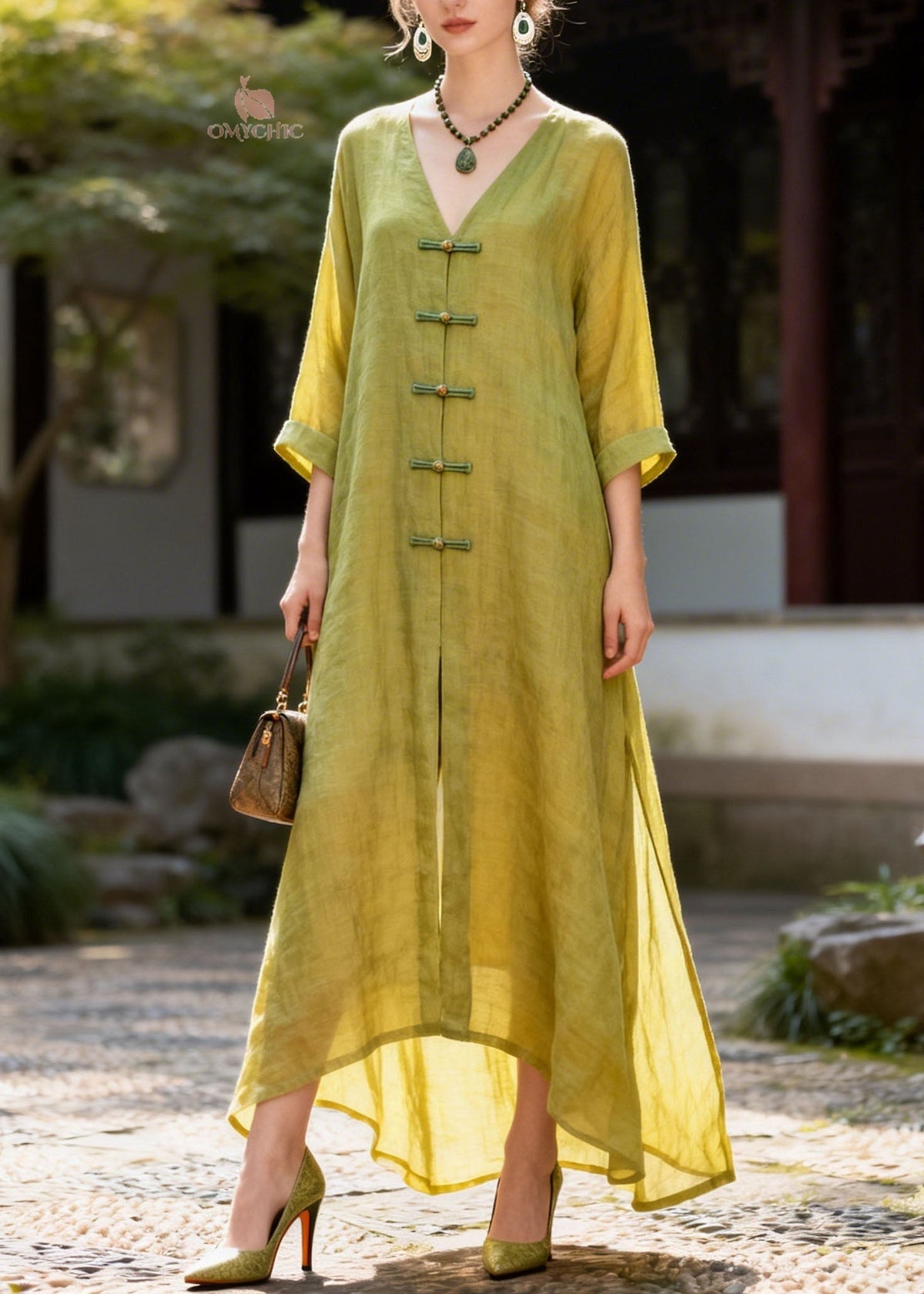 Deep V-Neck Frog Button Patchwork Cotton Maxi Dress 3