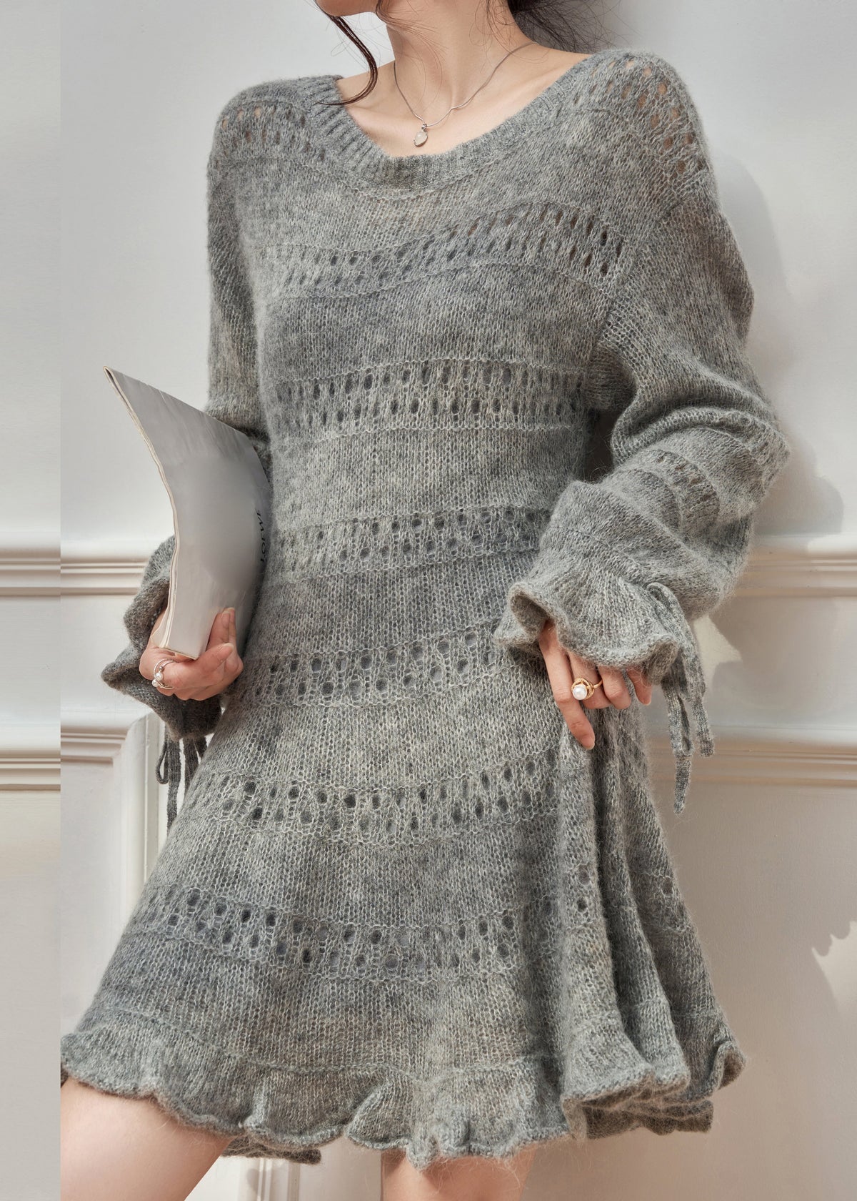 Round Neck Pointelle Mohair Knit Ruffle Cuff Tie Hem Mini Sweater Dress