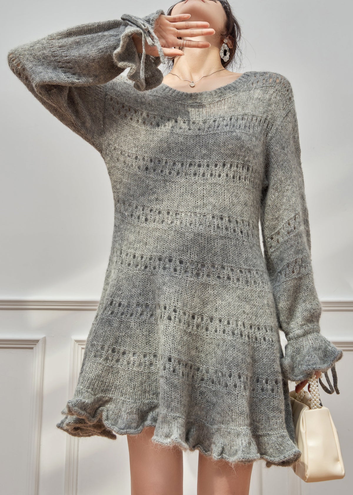 Round Neck Pointelle Mohair Knit Ruffle Cuff Tie Hem Mini Sweater Dress 3