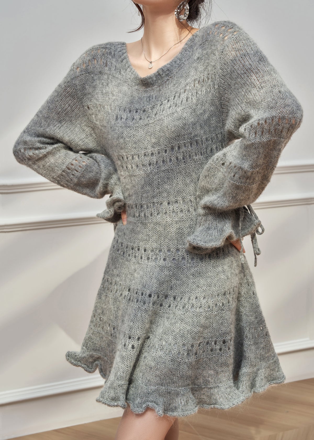 Round Neck Pointelle Mohair Knit Ruffle Cuff Tie Hem Mini Sweater Dress 4