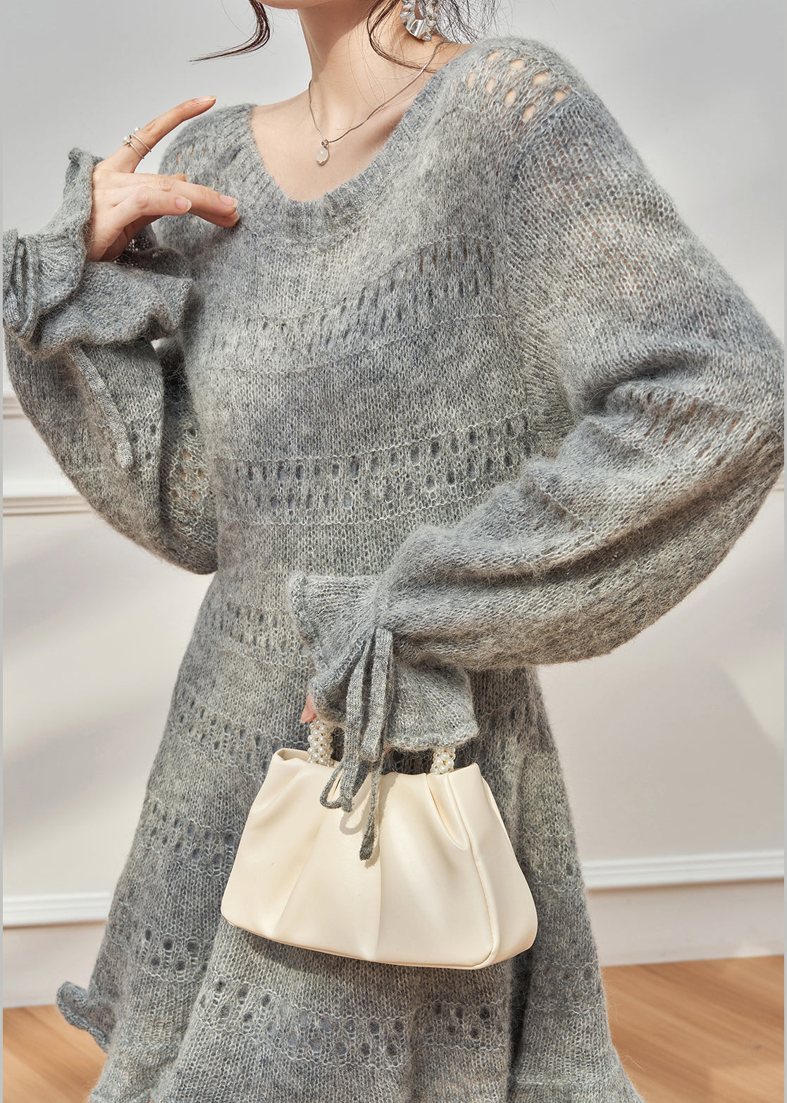 Round Neck Pointelle Mohair Knit Ruffle Cuff Tie Hem Mini Sweater Dress 5