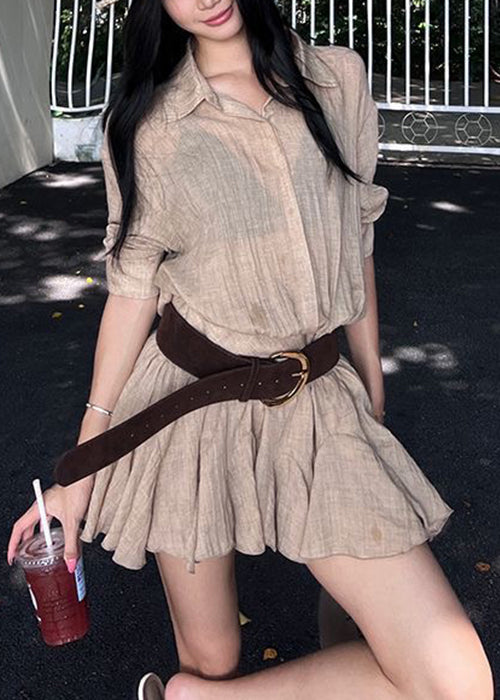 Pointed Collar Button-Front Sheer Linen Ruffled Hem Belted Mini Dress