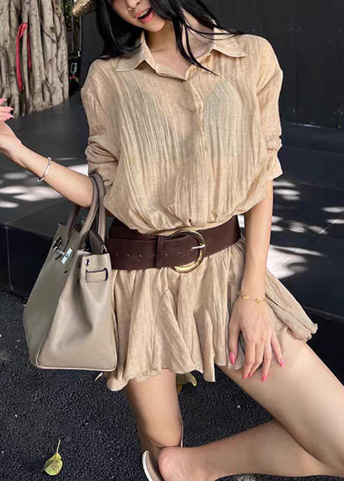 Pointed Collar Button-Front Sheer Linen Ruffled Hem Belted Mini Dress 2