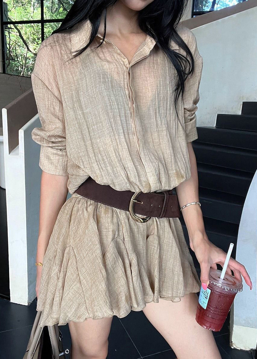 Pointed Collar Button-Front Sheer Linen Ruffled Hem Belted Mini Dress 3