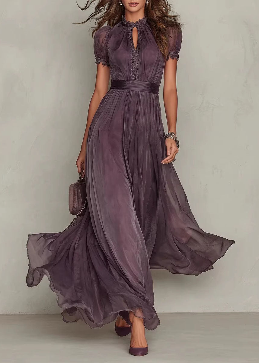 Keyhole Lace Trim Pleated Waist Chiffon Maxi Gown