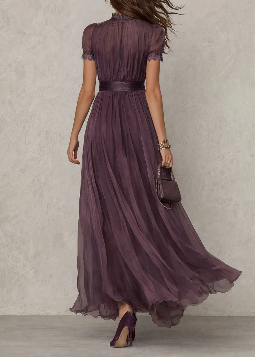 Keyhole Lace Trim Pleated Waist Chiffon Maxi Gown 2